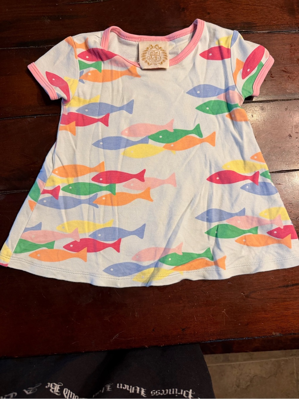 The Beaufort Bonnet Company White Tee with Multicolor Fish Print and Pink Trim